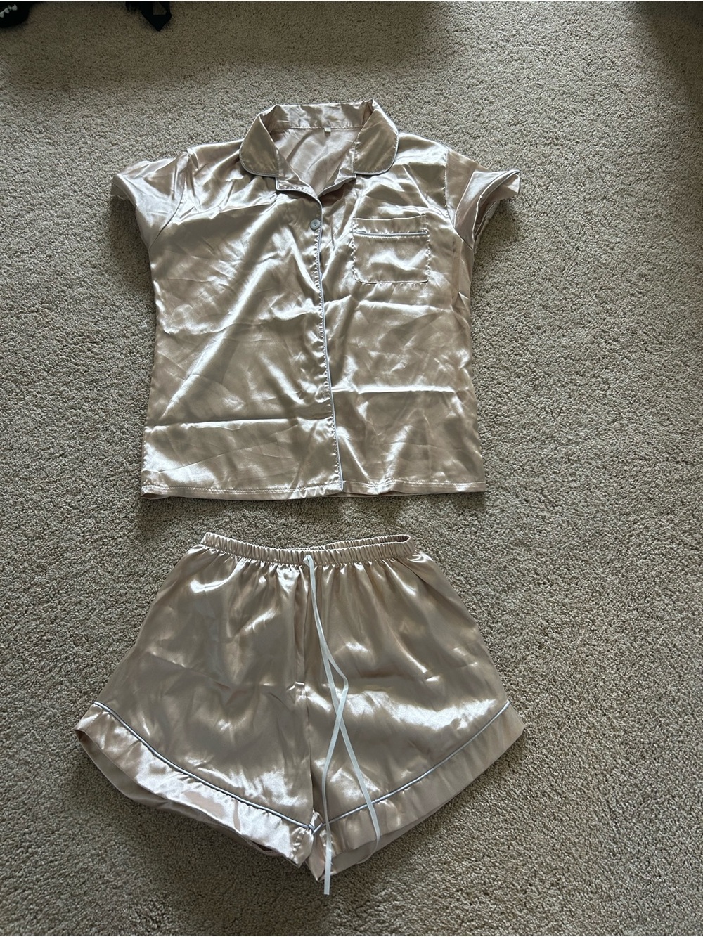 Satin Short Sleeve Pajama Set - Cream